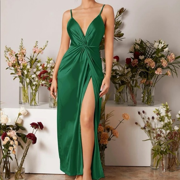 Dresses & Skirts - Dark Green Satin Twist Front Cami Maxi Dress New